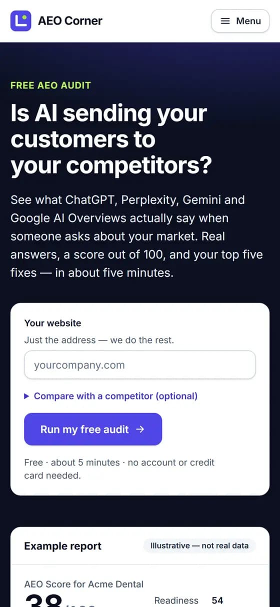 AEO Corner's free audit and an example AI-visibility report