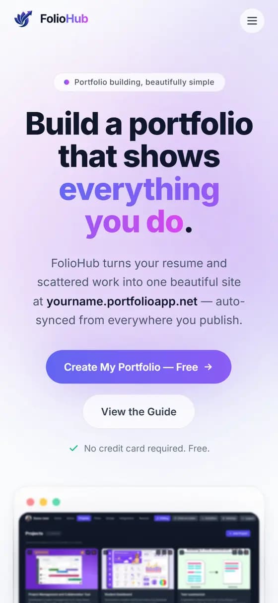 A FolioHub portfolio site — profile, projects and stats on yourname.portfolioapp.net
