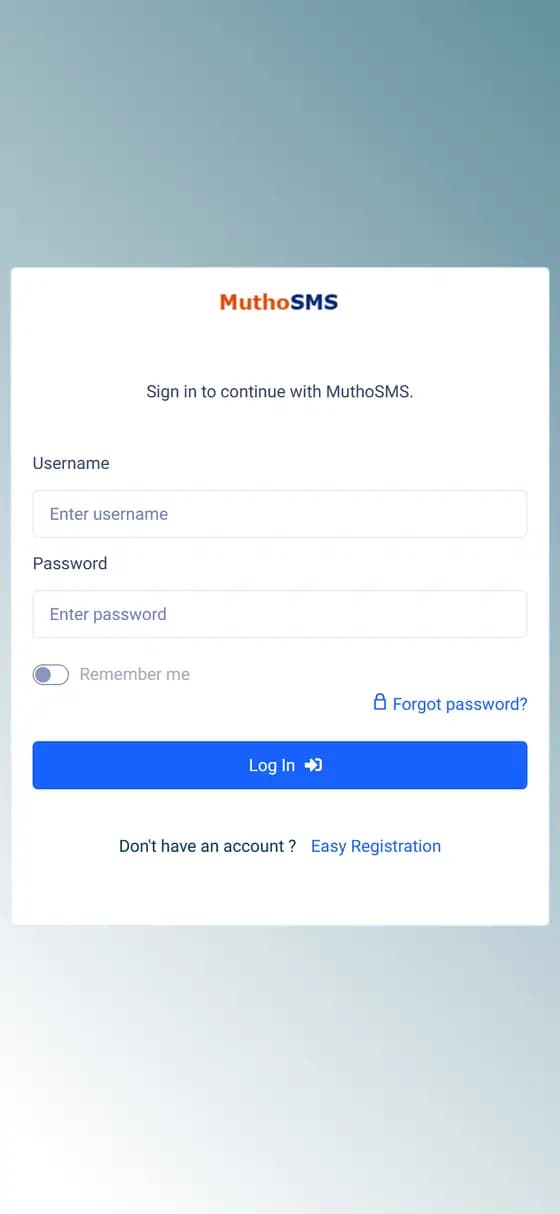 MuthoSMS's secure sign-in screen for its client messaging portal