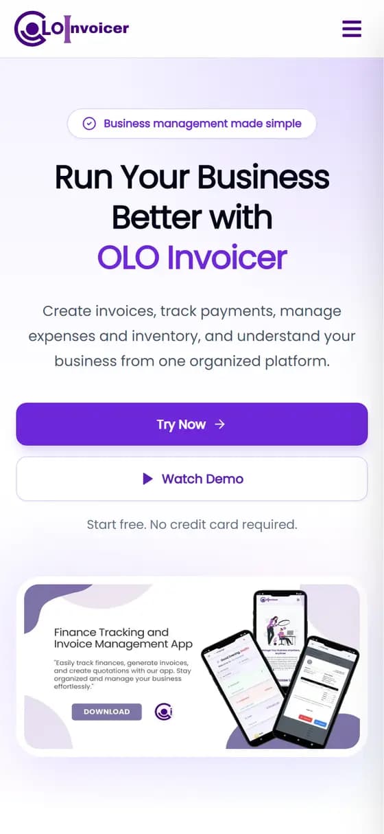OLO Invoicer's mobile app screens — finance tracking and invoice management on a phone